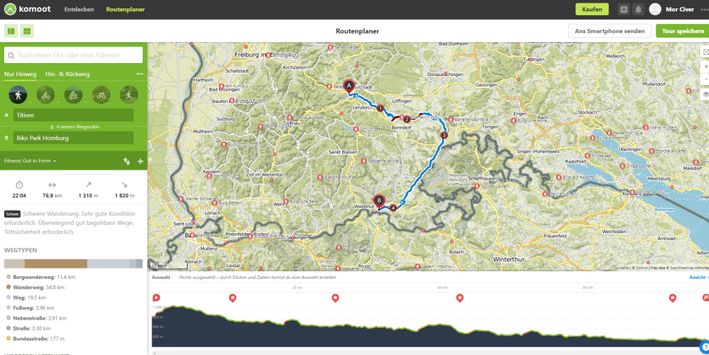 Mit der Planungsansicht von Komoot lassen sich einfach Routen erstellen.